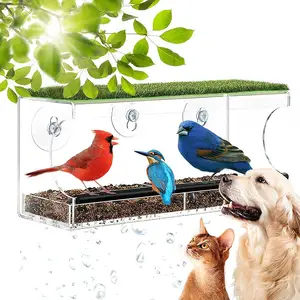 Acrylic window bird feeder with suction cup and removable seed tray