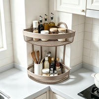 Étagère d'angle double couche DaS à 90 degrés en maille métallique pour cuisine et salle de bain avec boucles de suspension