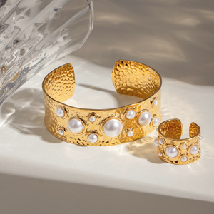 <b>Gold</b> Plated Hammered Pearl Open <b>Bangle</b> With Bezel Setting For Party Jewelry <b>Set</b> - Product Image 1