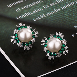 Ensemble de bijoux en perles florales et zircon émeraude, collier/boucles d'oreilles/bague en laiton de luxe pour femmes - Product Image 2