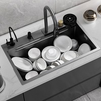 Offre Spéciale grande capacité multifonction cascade robinet navire couleur noire en acier inoxydable lavabo lavabo évier de cuisine