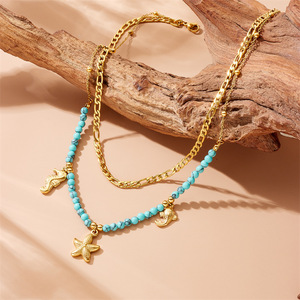 European American Retro Ocean Style Gold Plated Seahorse Starfish Stainless Steel Turquoise Beaded Chain Necklace Multi Layer - Product Image 2