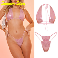 Texture personnalisée argent 3 pièces logo une pièce Sexy Heetah volants deux pièces rose or maillots de bain métallique Bikini ensembles dessiner cordon cravate