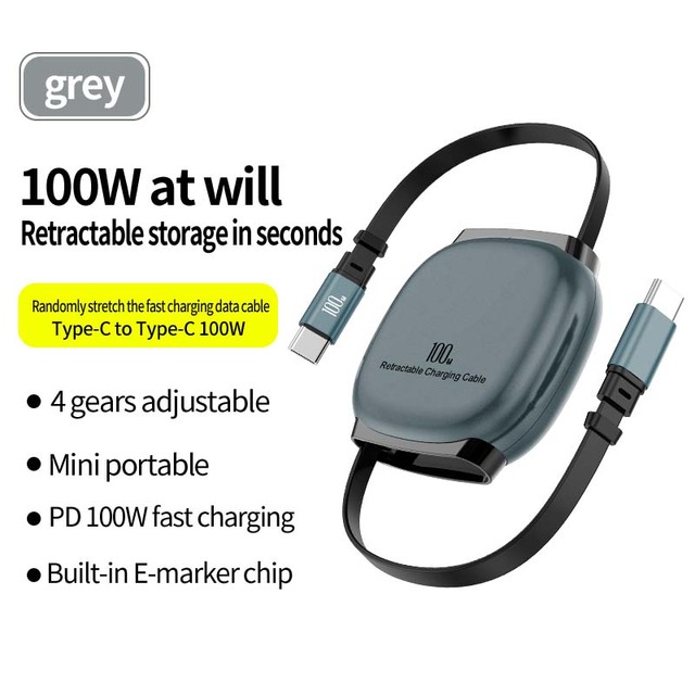 100 Watt 5A USB Type-C Retractable Fast Charging Cable TPE Jacket for Mobile Phone Earphone Power Bank Smart Watch & Camera