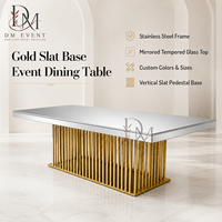 Table de salle à manger rectangulaire de luxe en acier inoxydable avec plateau miroir et piétement à lattes pour événements et banquets