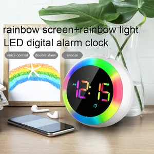 Jam alarm ganda desktop digital 2023, jam meja pintar & jam meja warna-warni lampu malam LED kontrol suara snooze
