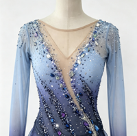 Robe de patinage artistique à manches longues dégradé bleu-violet, ornée de strass faits à la main, en maille, pour performance sur glace, pour femmes et filles