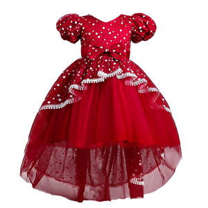 Vestido de Princesa Rojo con Puntos para Niñas, Cuello en V, Falda de Tul, Vestido de Dama de Honor con Corte en A y Ribete de Encaje - Product Image 4