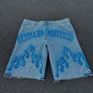 Custom Print Logo Cut Edge Denim 3D Print Rhinestone Raw Hem Straight Woven Summer Casual Distressed Streetwear Jean Shorts - Product Image 1