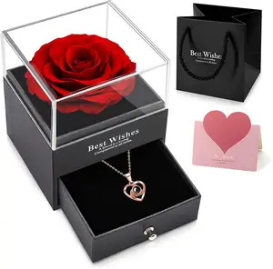 DIY Customizable single rose acrylic box Perfumed Rose Jewelry Box Real Rose In Elegant Opening Box with Drawer and Eternal Rose