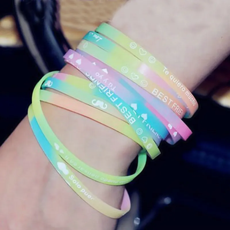 Sales Promotion Fluorescent Glitter Custom Letter Bracelet Bangle Couple Rubber Wristbands Silicon Bracelet