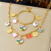 Ensemble de bijoux en acier inoxydable pour femmes, plaque ronde en émail rétro filigranée plaquée or raffiné, motif papillon, bracelet, collier