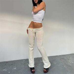 Crochet Woolen Pants Woman Stripe Patchwork <strong>Shirring</strong> Low <strong>Waist</strong> Skinny Stretch Casual <strong>Trousers</strong> - Product Image 3