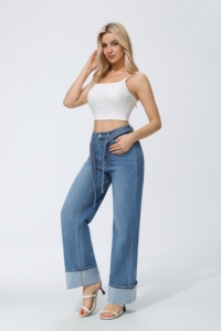 Jeans a Vita Alta e Gamba Larga con Dettagli in Paillettes Vestibilità Comoda Lunghezza Intera in Cotone Stonewashed Stile Casual - Product Image 2