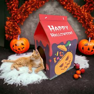 100% Material reciclado cartón Feliz Halloween tema caja de leche forma gato casa para rascar para gatos escondiéndose para dormir - Product Image 1