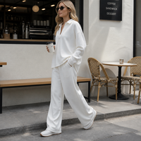 Ensemble de vêtements de détente pour femmes en coton pur uni pour l'été, haut classique à col en V à manches longues, pantalon large à cordon de serrage, tenue décontractée en deux pièces