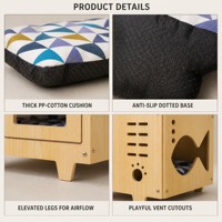Maisonnette en bois pour animaux de compagnie, pour chat et chien, en bois massif, avec pieds, ouvertures ventilées, motif patte et coussin en forme de poisson