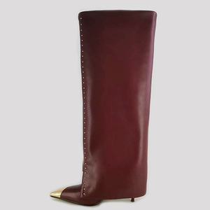 Women's Metal Pointed Toe Knee High Boots Ladies High Heels Overlay Rivets <b>Shoes</b> Front Zipper Pants Long Booties - Product Image 6