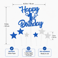 7 pièces de décorations scintillantes bleues et argentées pour le 1er anniversaire : décorations de gâteau en carton, pics à cupcakes étoiles, pour la fête du premier anniversaire d'un bébé garçon