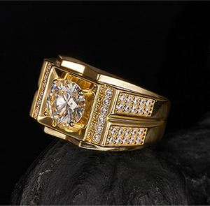 Men's 22K <b>Gold</b> Plated Moissanite <b>Cocktail</b> <b>Ring</b> Round Brilliant Cut Geometric Design Pave Setting Luxury Style - Product Image 6