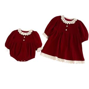 Baju monyet bayi perempuan lengan panjang, gaun merah kerah renda, baju monyet bayi perempuan musim gugur - Product Image 5