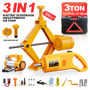 Martinetto Elettrico a Forbice da 3 Tonnellate 12V, Kit Riparazione Auto 3 in 1 con Avvitatore a Impulsi, Gonfiatore Pneumatici e Luce LED, Set Attrezzi Portatile per Auto - Product Image 1