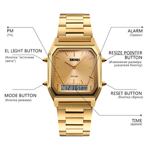 Montre <span class=keywords><strong>SKMEI</strong></span> <span class=keywords><strong>1220</strong></span> Homme Dorée Double Affichage Sport Chronographe Numérique Double Fuseau Horaire Luxe Or Quartz - Product Image 6