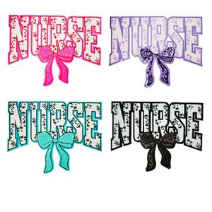 New Stock Big Size 27cm Iron on Chenille Sequin Mixed Embroidered <b>Nurse</b> Bow Patch - Product Image 1