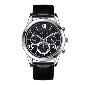 Quartz <b>Watch</b> Men Analog Chronograph Alloy <b>Case</b> Stainless Steel Black Leather Strap 22 Cm Band Push Button Hidden Clasp - Product Image 6