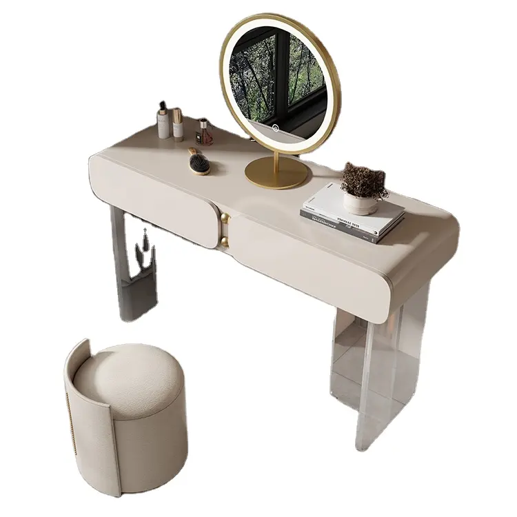 Coiffeuse en bois de luxe miroir moderne en cuir acrylique flottant maquillage vanité ensemble Carton mobilier moderne bois personnalisé