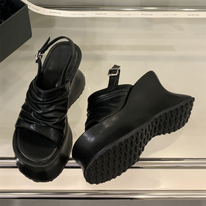 Sandales compensées noires à imprimé léopard pour femme, nouvelle mode, à talon haut et bout ouvert, avec bride unique, confortables pour l'été - Product Image 6