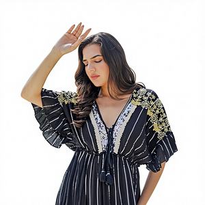 Vestido Midi con Estampado Digital de Rayas Negras, Estilo Boho Casual para Fiesta, Estampado Floral, Corte en A, 100% Algodón, Ajuste Cómodo, Verano - Product Image 1