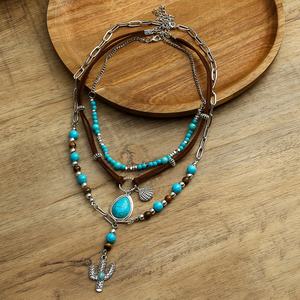 Conjunto de Collar de Moda Retro Étnico Personalizado para Mujer, con Clip de Papel, Cuero Marrón de Gamuza, Aleación Turquesa, Concha, Cactus, Joyería Occidental - Product Image 5