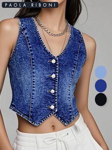 Gilet en jean vintage pour femme, style rétro cowgirl, coupe courte avec col en V sexy, respirant pour le printemps et l'été - Product Image 2