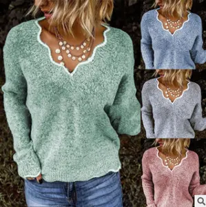Jersey de punto con cuello en V de talla grande para mujer, suéteres ajustados a bajo precio de fabricación China