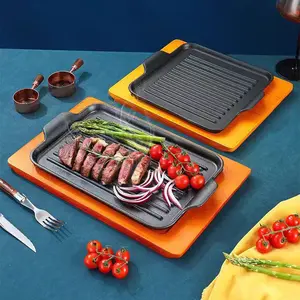 Bestseller Cast Iron Preseasoned Skillet Non Stick Frying Grill Pan Sizzling Hot Plate With Wooden
