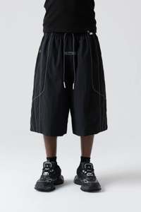 Black Lightweight Windproof <b>Mid</b> Waist Drawstring Elastic Shorts Printed 100% Nylon Quick Dry OEM Service for Autumn Casual Wear - Product Image 3