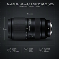 عدسة تامرون 70-180 مم f/2.8 Di III VC VXD G2 احترافية مستعملة أصلية لكاميرات نيكون Z Mount Z9 Z8 Z6 III Zf، تم اختبارها وبحالة ممتازة