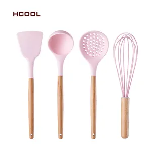New Product HCOOL Set Of 4 Pcs Colorful Silicone Kitchen Cooking Set Food Grade Level Cooking Utensils Skimmer Whisk Soup Ladle