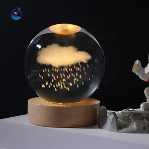 Solar System Planet Sphere Laser 3D Interior Carved Small Night Light Crystal Ball with Wood Base LED Light Night Lamp