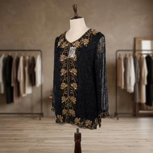 Veste ouverte à fleurs noires et dorées avec perles - Product Image 2