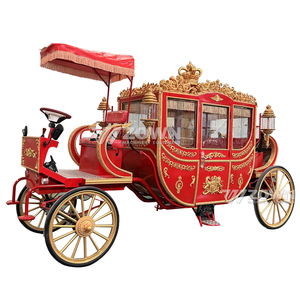 Calèche royale électrique baroque rouge dorée avec auvent à franges pour défilé de mariage et décoration de lieu - Product Image 1