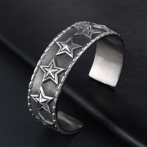 Retro Five Pointed Star Wide <b>Bracelet</b> Tibetan <b>Silver</b> Men's Open Style Punk <b>Cuff</b> SZ040 - Product Image 4