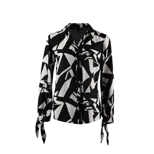 Blusa de manga comprida feminina, camiseta de lã de chiffon com estampa dobby, manga comprida, preta, casual, para mulheres, 2022