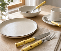 Ensemble de couverts en acier inoxydable 430, manche en bambou et plastique, couverts polis miroir, cuillère, fourchette, couteau, réutilisables, pour la maison et les restaurants