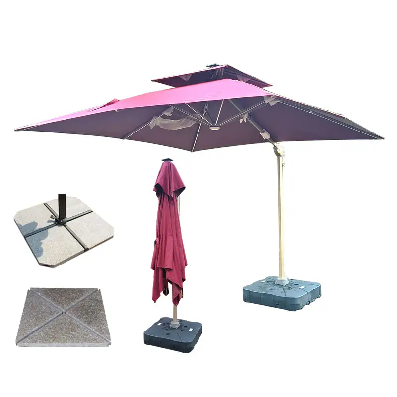 Hoge Kwaliteit Gouden Solar Led Licht Parasol Paraplu 3X3 Vierkante Romeinse Paraplu 360 Graden Roterende Outdoor Meubelen Parasol