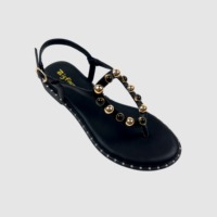 Sandales plates tendance pour femmes à bout fendu avec pierres et perles, confortables, antidérapantes, à boucle réglable, chaussures d'extérieur pour femmes