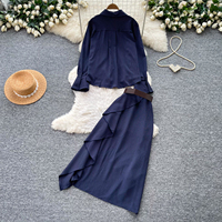 Ensemble 2 pièces pour femmes, chemise à manches longues rayée, jupe à ourlet irrégulier, style preppy, tenues décontractées assorties pour le printemps et l'automne