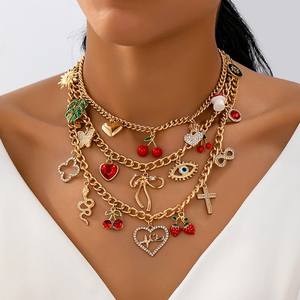 Collana con Ciondolo a Forma di Cuore, Croce, Fragola e Ciliegia alla Moda per Donne, Gioielli Estivi, Collana in Stile Coreano - Product Image 1