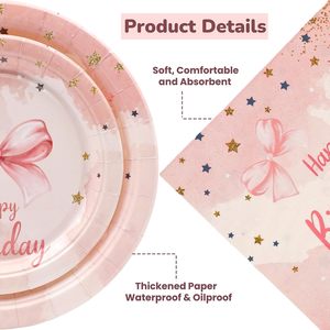 Ensemble <span class=keywords><strong>de</strong></span> vaisselle d'<span class=keywords><strong>anniversaire</strong></span> jetable avec nœud rose Décoration <span class=keywords><strong>de</strong></span> fête d'<span class=keywords><strong>anniversaire</strong></span> à pois dorés Fournitures <span class=keywords><strong>de</strong></span> fête Assiette en papier Tasse Serviette - Product Image 3